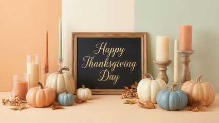 "Happy Thanksgiving Day" Chalkboard Sign with Autumn Pumpkins, Candles, and Fall Leaves Arrangement