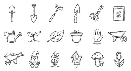 Obraz premium Black and white line art collection of gardening tools plants and accessories
