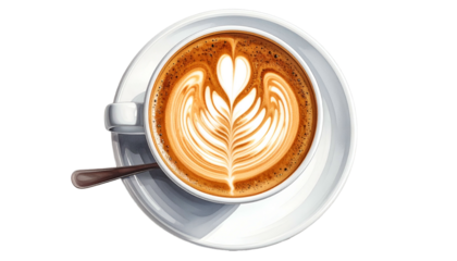 Latte art in a white cup with spoon, bird's-eye view, digital art