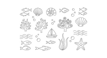 Gray line art collection of various sea life shells water and a sailboat