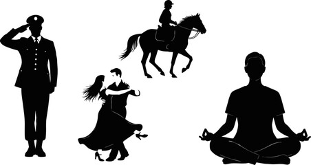 Silhouette illustration of soldier, dancing couple, equestrian rider, and meditating figure, black and white vector, lifestyle and profession concept