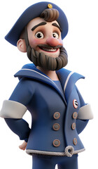 3d cartoon sailor man with beard wearing blue uniform isolated on transparent background