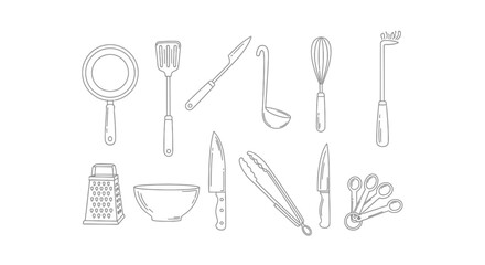 Line art illustration of various gray kitchen utensils against a white background