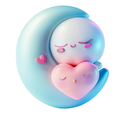 Cute 3d cartoon character sleeping on crescent moon holding heart isolated on transparent background