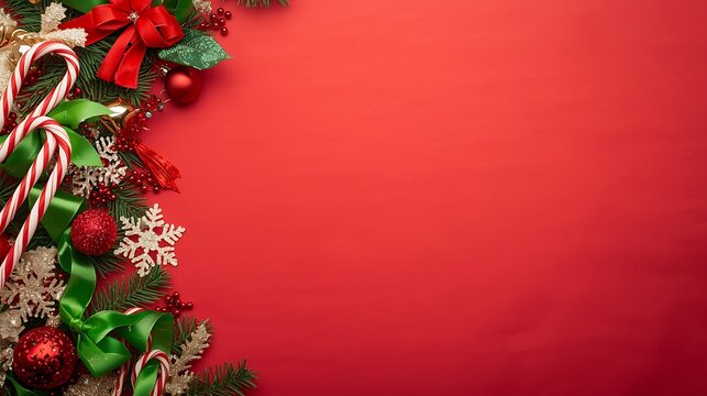 Festive christmas border decoration with candy canes and ornaments on red background