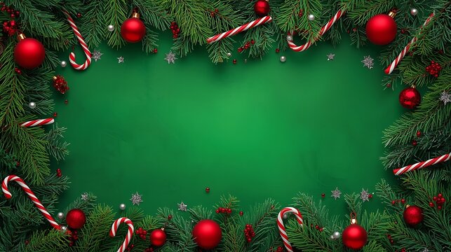 Festive christmas frame with evergreen branches ornaments and candy canes on green background