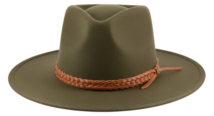 Olive green felt fedora hat with brown braided band isolated PNG, stylish headwear for fashion and outdoor adventures on transparent background