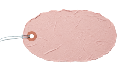 Blank pink paper tag isolated PNG, crumpled textured label for price or gift on transparent background