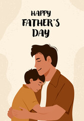 A father in a brown shirt affectionately hugs his sleeping son under bold festive text.