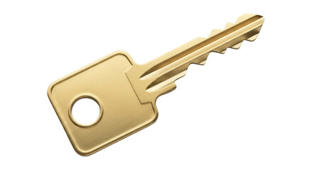 Golden metal key isolated PNG, security and access concept for design elements and presentations on transparent background
