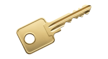 Golden metal key isolated PNG, security and access concept for design elements and presentations on transparent background