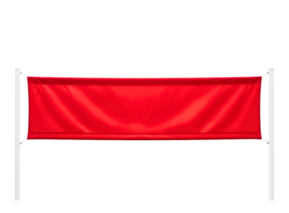 Blank red horizontal vinyl banner mockup with metal poles isolated on white background.