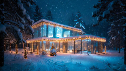A modern glass house decorated with warm Christmas lights, surrounded by a snowy winter forest at night. Soft snowfall and glowing interiors create a cozy holiday atmosphere.