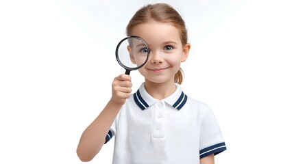 A happy and curious young girl peers through a magnifying glass isolated against a bright white background suggesting explo n and discovery