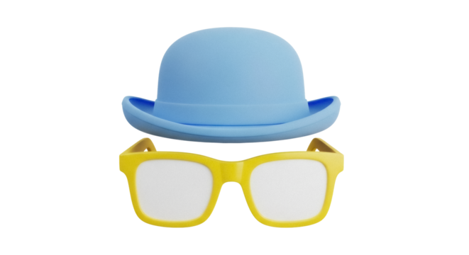 Light blue bowler hat and yellow glasses isolated PNG, fun and quirky fashion accessory on transparent background