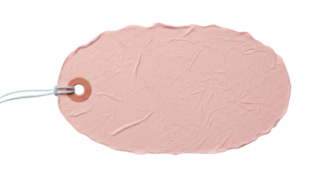 Blank pink paper tag isolated PNG, crumpled textured label for price or gift on transparent background