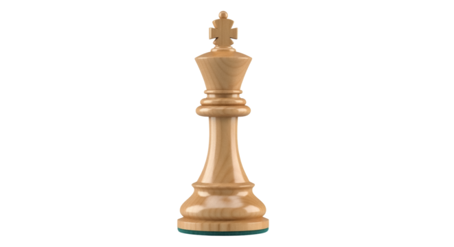 Elegant wooden chess king isolated PNG on transparent background, strategic game piece for design and educational use