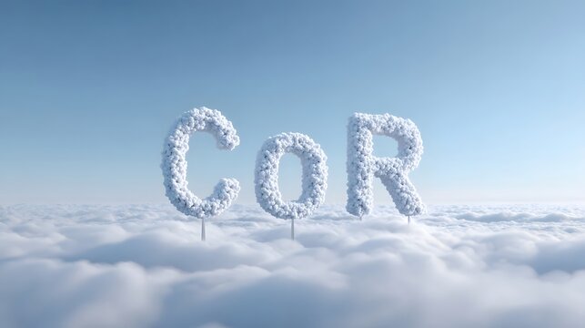 Ethereal cloud letters C O R drift in a vast blue sky suspended high above a tranquil expanse of white cumulus clouds creating a dreamlike and imaginative scene