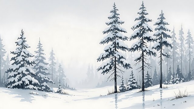 Watercolor winter forest scene with snow covered pine trees and soft light image