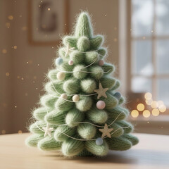 A soft knitted Christmas tree made of fluffy mint-green yarn, decorated with pastel felt balls and small star ornaments. Cozy handmade winter décor with warm holiday lights in the background.