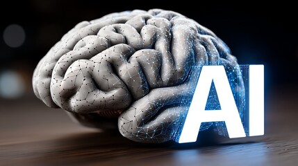 A detailed representation of a human brain alongside the acronym AI, symbolizing the intersection of neuroscience and artificial intelligence, highlighting modern technology's infl