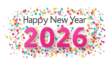 Fototapeta premium A vibrant and festive illust n wishing a Happy New Year 2026 featuring bold pink numbers surrounded by a joyful scattering of colorful confetti on a clean white background