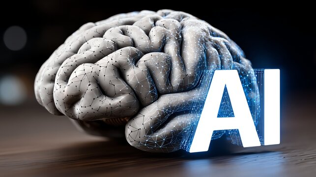A detailed representation of a human brain alongside the acronym AI, symbolizing the intersection of neuroscience and artificial intelligence, highlighting modern technology's infl
