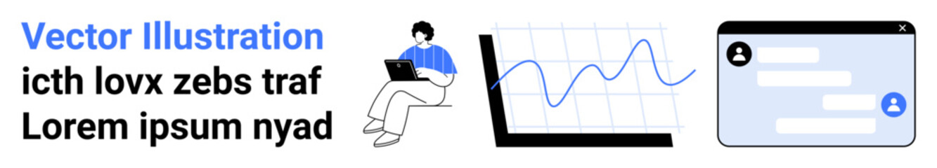 Obraz premium Data analysis, remote work, social media, online communication, technology, digital marketing. Person with laptop, graph chart and chat interface. Data analysis and remote work