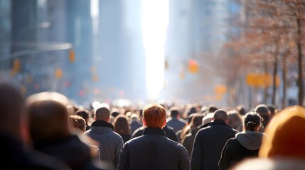Urban commuters move collectively along a bustling city street under bright sunlight creating a dynamic scene of everyday life and forward progression towards the illuminating horizon