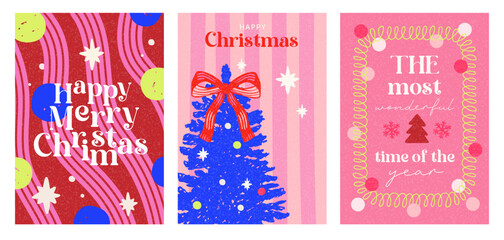 Naklejka premium Christmas celebration set of cards, grunge textured winter event background, greeting postcard, creative vector illustration 