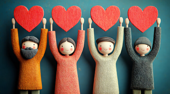 Four figurines holding red hearts symbolizing love and affection