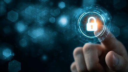 Finger touching glowing digital padlock icon with blue hexagonal background security technology