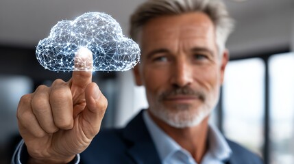 A confident businessman interacts with a digital cloud interface, showcasing modern technology and innovative solutions for business efficiency and data management