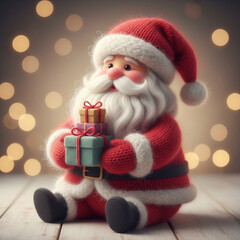 A charming knitted Santa Claus holding colorful gift boxes, with warm bokeh holiday lights behind him. Soft textures and adorable details create a cozy Christmas illustration.
