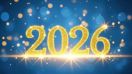 Sparkling golden 2026 numerals illuminated against a festive blue bokeh background with falling lights