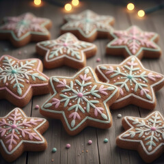 Beautiful gingerbread star cookies decorated with pastel knitted embroidery patterns. Soft yarn textures create a cozy handcrafted Christmas baking theme.