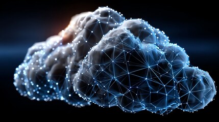 A futuristic depiction of a cloud network, showcasing interconnected nodes and lines that symbolize data transfer and digital connectivity in a modern cloud computing environment.