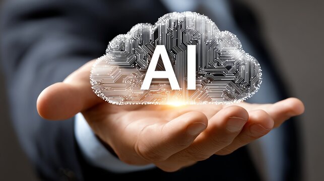 A business professional holds a cloud symbol with 'AI' inscribed, representing the integration of artificial intelligence in modern technology and its transformative impact.
