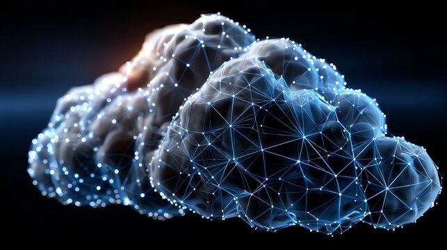 A futuristic depiction of a cloud network, showcasing interconnected nodes and lines that symbolize data transfer and digital connectivity in a modern cloud computing environment.