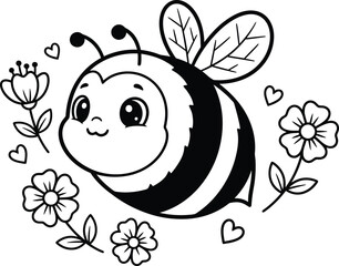 Cute Bee Coloring Page - Kawaii Insect and Flower Line Art for Kids Printable