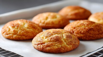 Close up shot of several round golden brown snickerdoodle cookies with a textured cinnamon sugar coating arranged on parchment paper atop a baking tray