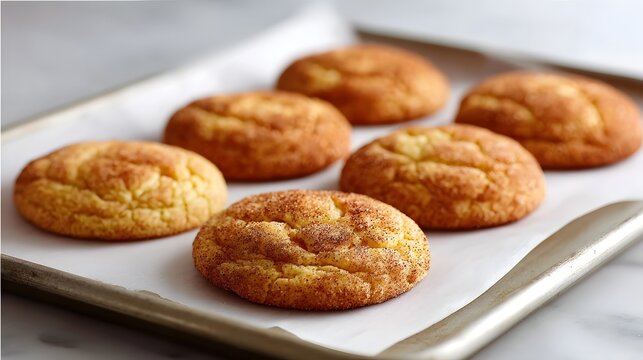 A close up view of freshly baked snickerdoodle cookies with a distinctive cracked surface and cinnamon sugar coating presented on a baking sheet highlighting their homemade appeal