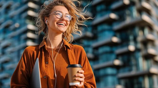 Low-angle shot of a smiling businesswoman holding a takeaway coffee, wind tousling her hair. Surrounded by modern glass skyscrapers for a city break lifestyle concept