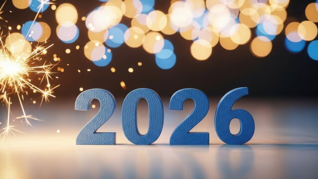 Sparkling celebration of the new year 2026 with festive bokeh lights and a bright sparkler igniting the excitement for the future