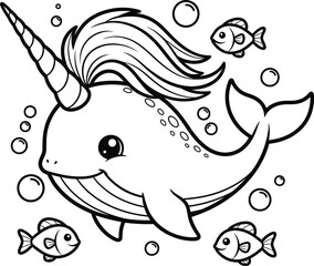 Cute Narwhal Coloring Page - Line Art Outline for Kids Printable Activity