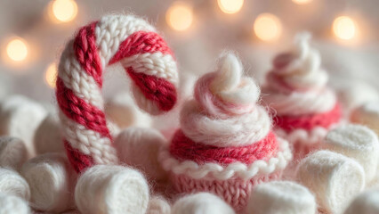 A soft knitted candy cane surrounded by fluffy wool marshmallows and handcrafted yarn cupcakes. A warm and whimsical Christmas scene with cozy textures, pastel tones, and festive holiday atmosphere.
