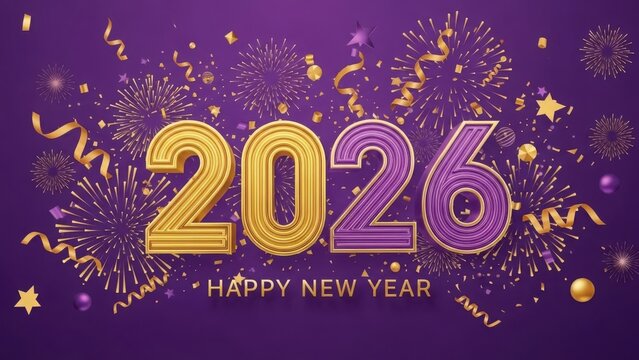 Sparkling golden and purple 2026 numbers adorned with fireworks and confetti celebrate the joyful arrival of the new year