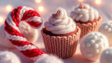 A soft knitted candy cane surrounded by fluffy wool marshmallows and handcrafted yarn cupcakes. A warm and whimsical Christmas scene with cozy textures, pastel tones, and festive holiday atmosphere.