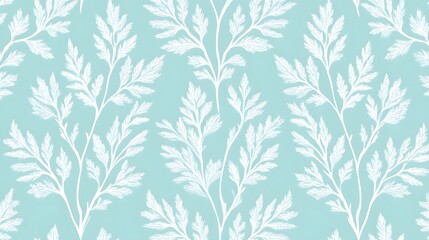 A beautifully illustrated seamless pattern featuring delicate white fern fronds and leaves arranged in a repeating motif on a subtle light blue textured background perfect for decorative use