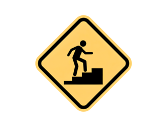 Yellow diamond warning sign with man climbing stairs icon isolated on white background.